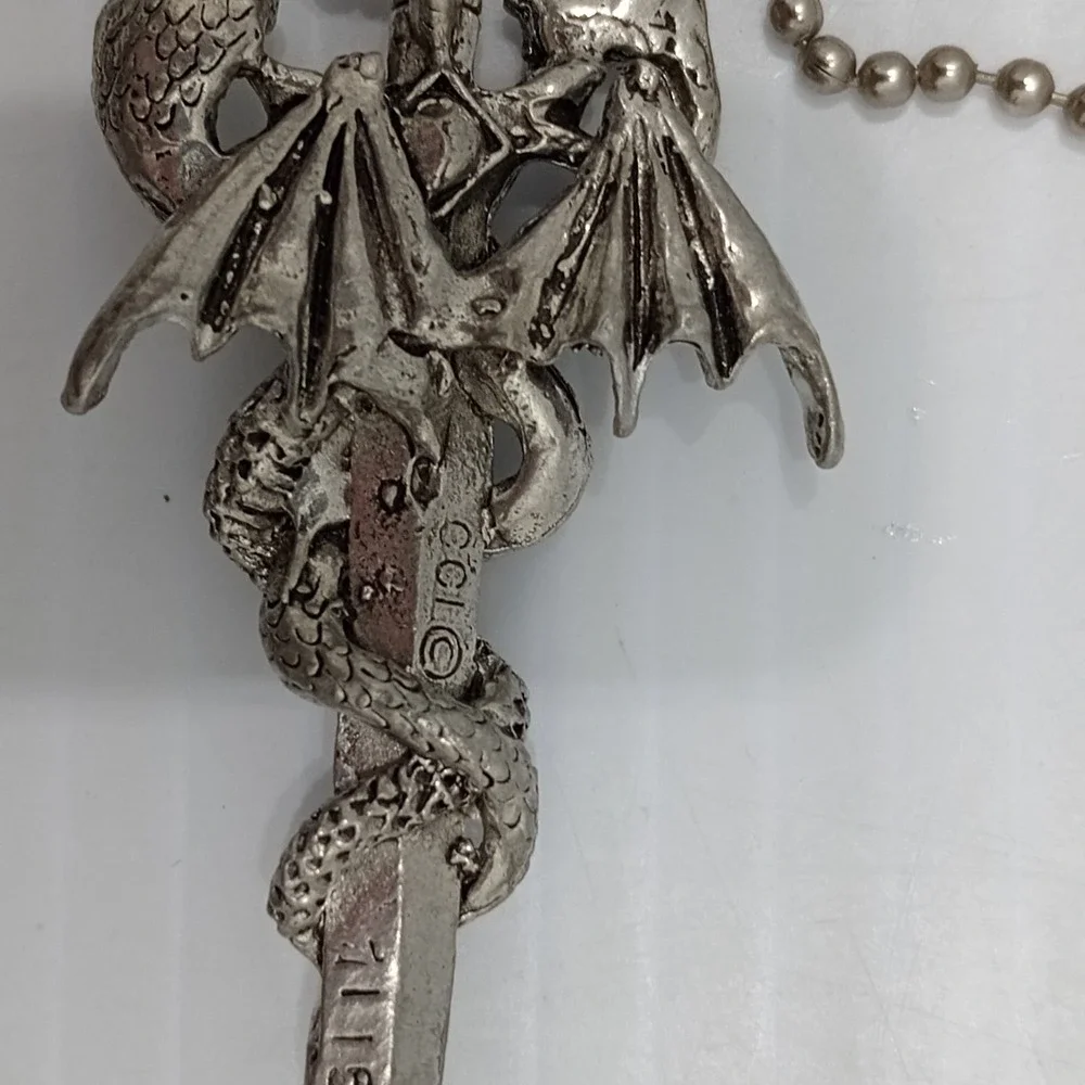 CCI Dragon Sword Pendant Necklace Gothic Fantasy Silver Tone 2 1/2 Inch